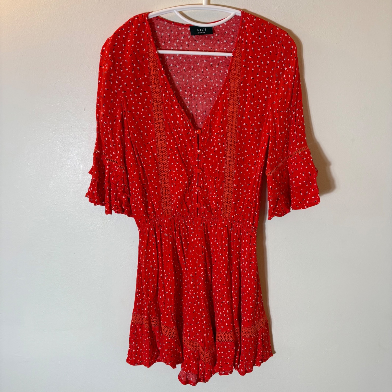 Vici Red Floral Tiered Bell Sleeve Polka Dot Romper Size Medium